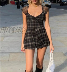 Hnewly Gothic Plaid Black Lace Up Women Dress Harajuku Short Sleeve A Line Party Sexy Mini Summer