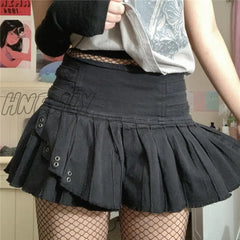 Hnewly Gothic Punk Grunge Mini Skirt Y2K Women Fairycore High Waist Short Skirts Black Dark