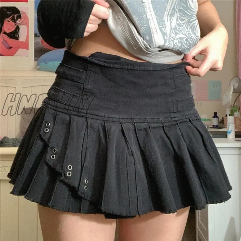 Hnewly Gothic Punk Grunge Mini Skirt Y2K Women Fairycore High Waist Short Skirts Black Dark