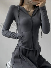 Hnewly Gothic Streetwear Zip Up Oversized T Shirts Women Vintage Sexy Solid Hooded Cardigan Long