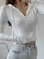 Hnewly Gothic Streetwear Zip Up Oversized T Shirts Women Vintage Sexy Solid Hooded Cardigan Long