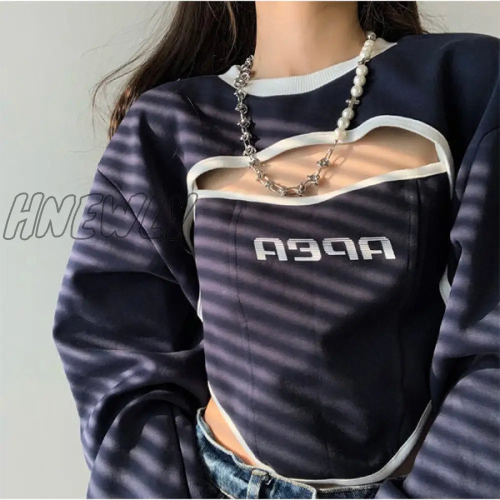 Hnewly Gothic Two Piece T Shirt Long Sleeve Top With Camisole Slim Cotton Tee Y2K Streetwear