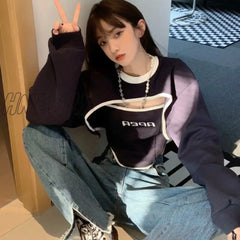 Hnewly Gothic Two Piece T Shirt Long Sleeve Top With Camisole Slim Cotton Tee Y2K Streetwear