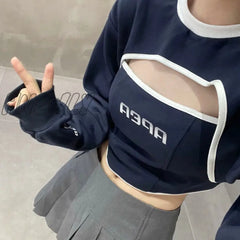 Hnewly Gothic Two Piece T Shirt Long Sleeve Top With Camisole Slim Cotton Tee Y2K Streetwear