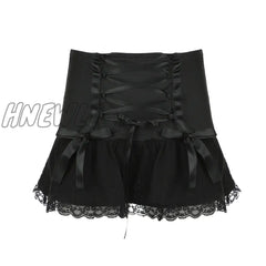 Darlingaga Gothic Y2K Lace Trim Mini Skirt Harajuku Vintage Tie Up Bow Dark Academia Sexy Women