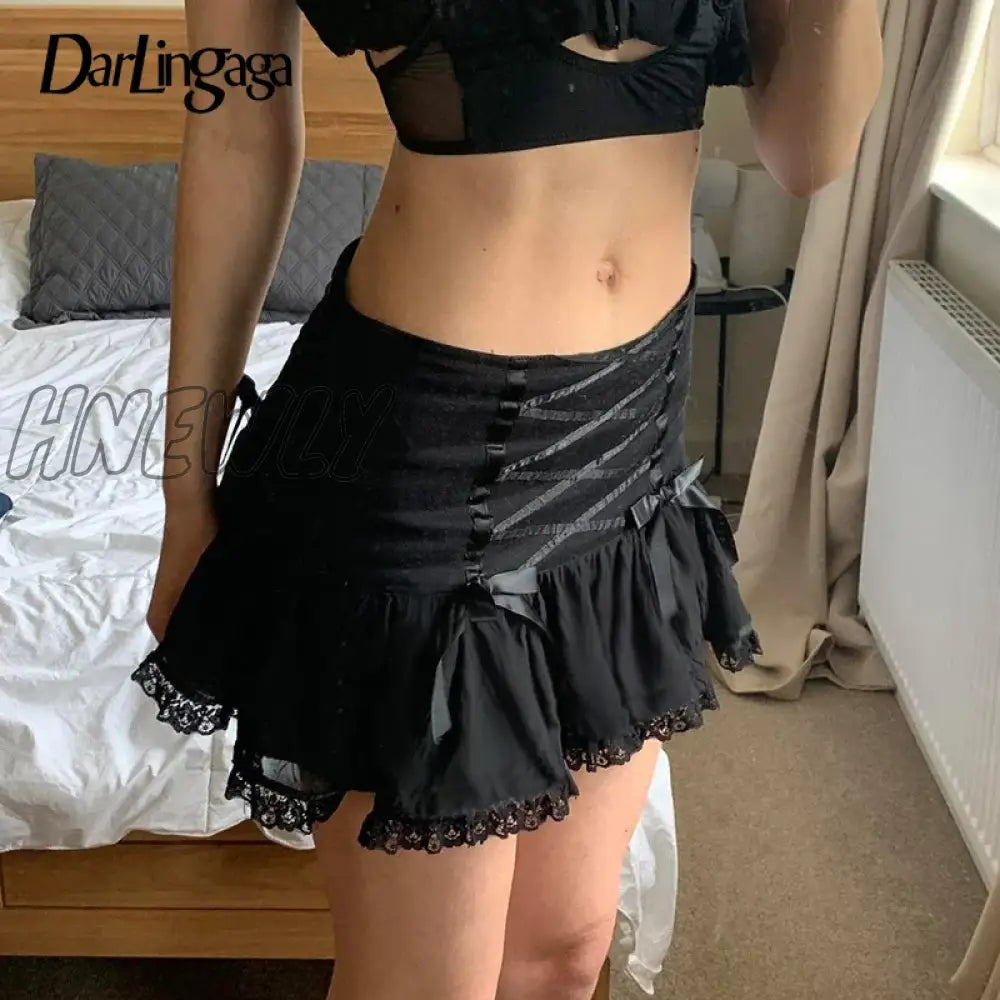 Gothic Y2K Lace Trim Mini Skirt Harajuku Vintage Tie Up Bow Dark Academia Sexy Women Skirts Hottie A-Line Grunge New