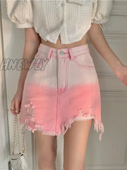 Hnewly Gradient Pink Jean Skirt Women Korean Fashion High Waist Irregular Hole Sexy Denim Mini