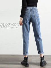 Hnewly Gray Blue High Waist Jeans Woman Street Style Cotton Mom No Stretch Women Boyfriend Vintage