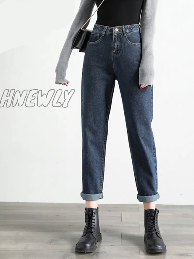 Hnewly Gray Blue High Waist Jeans Woman Street Style Cotton Mom No Stretch Women Boyfriend Vintage