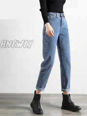 Hnewly Gray Blue High Waist Jeans Woman Street Style Cotton Mom No Stretch Women Boyfriend Vintage
