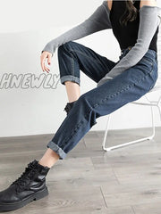 Hnewly Gray Blue High Waist Jeans Woman Street Style Cotton Mom No Stretch Women Boyfriend Vintage