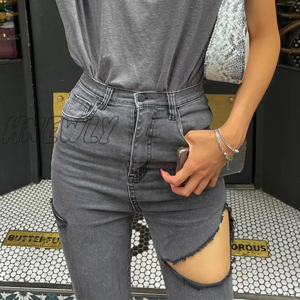Hnewly Gray Ripped Jeans Women Streetwear Summer Hole Sexy Pencil Pants Ladies Elastic Denim Spring