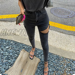 Hnewly Gray Ripped Jeans Women Streetwear Summer Hole Sexy Pencil Pants Ladies Elastic Denim Spring