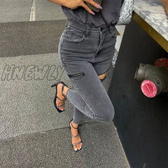Hnewly Gray Ripped Jeans Women Streetwear Summer Hole Sexy Pencil Pants Ladies Elastic Denim Spring