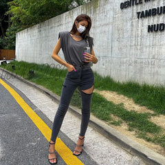 Hnewly Gray Ripped Jeans Women Streetwear Summer Hole Sexy Pencil Pants Ladies Elastic Denim Spring