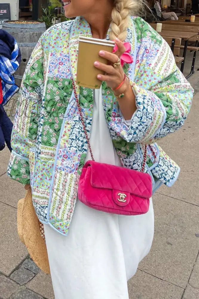 Hnewly - Green Casual Floral Pocket Turndown Collar Outerwear Coats Blazer & Jacket