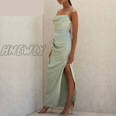 Hnewly Green Silk Satin Sexy Strapless Corset Women Maxi Dress Ruched Elegant Bustier Long Evening