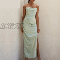 Hnewly Green Silk Satin Sexy Strapless Corset Women Maxi Dress Ruched Elegant Bustier Long Evening