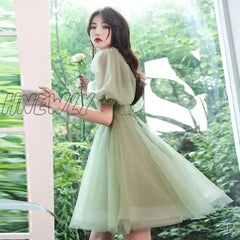 Hnewly Green Sweat Puff Sleeve Lady Girl Women Princess Bridesmaid Banquet Party Ball Prom Short