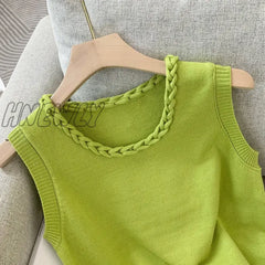 Hnewly Green Tank Top Slim Fit Round Neck Sleeveless Vest Knitted Women Clothing Y2K Tops