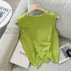 Hnewly Green Tank Top Slim Fit Round Neck Sleeveless Vest Knitted Women Clothing Y2K Tops