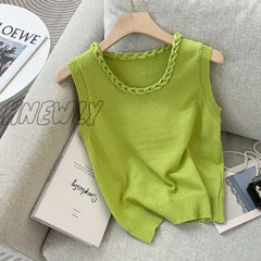 Hnewly Green Tank Top Slim Fit Round Neck Sleeveless Vest Knitted Women Clothing Y2K Tops