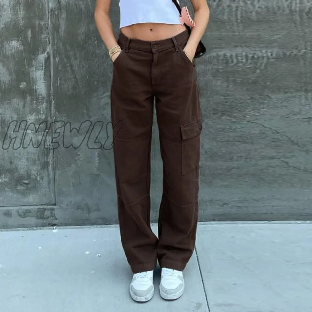 Hnewly Green Vintage Baggy Jeans Women’s Pockets Wide Leg Cargo Pants Streetwear Casual Low Waist