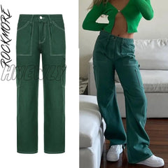 Hnewly Green Vintage Baggy Jeans Women’s Pockets Wide Leg Cargo Pants Streetwear Casual Low Waist