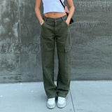 Hnewly Green Vintage Baggy Jeans Women’s Pockets Wide Leg Cargo Pants Streetwear Casual Low Waist