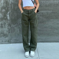 Hnewly Green Vintage Baggy Jeans Women’s Pockets Wide Leg Cargo Pants Streetwear Casual Low Waist