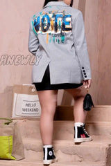Hnewly - Grey Casual Print Cardigan Turn-Back Collar Outerwear Coats Suits