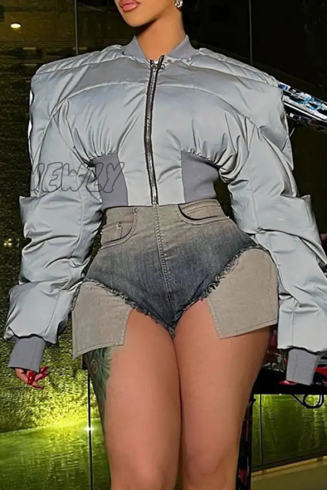 Hnewly - Grey Casual Street Solid Patchwork Zipper Collar Outerwear Coats Blazer & Jacket