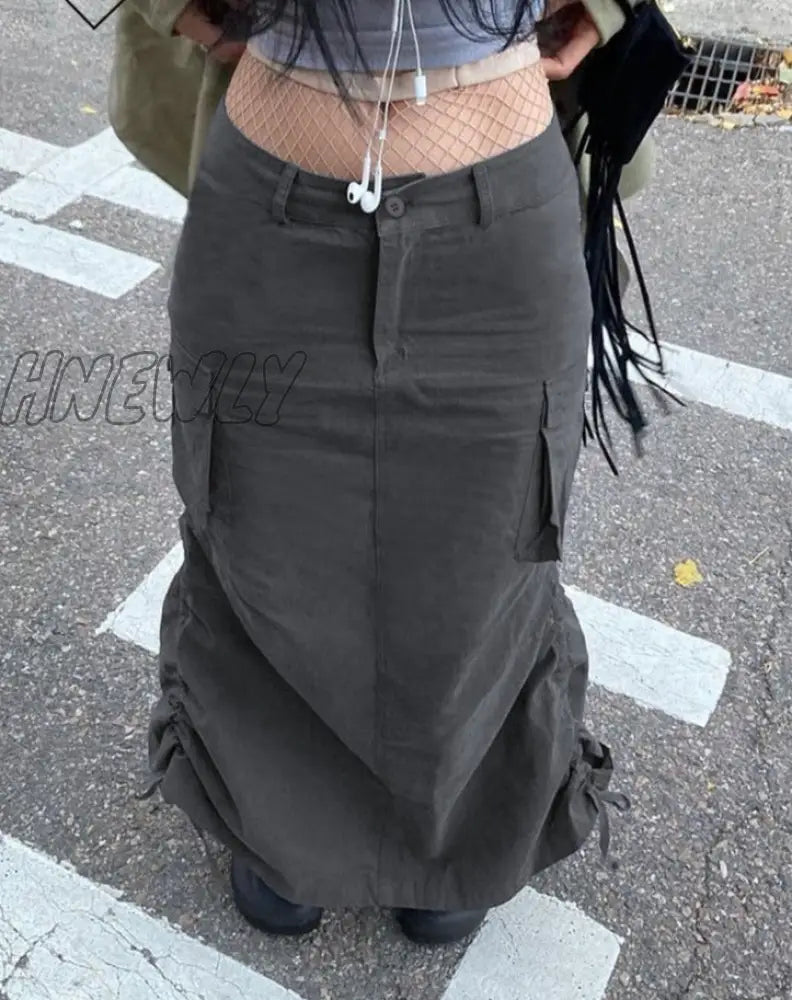 Hnewly Grey Pockets Midi Skirts Grunge Y2K Ruched Drawstring Split Long Women Low Waisted Korean