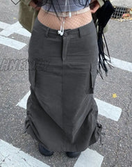 Hnewly Grey Pockets Midi Skirts Grunge Y2K Ruched Drawstring Split Long Women Low Waisted Korean