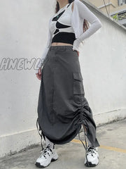 Hnewly Grey Pockets Midi Skirts Grunge Y2K Ruched Drawstring Split Long Women Low Waisted Korean