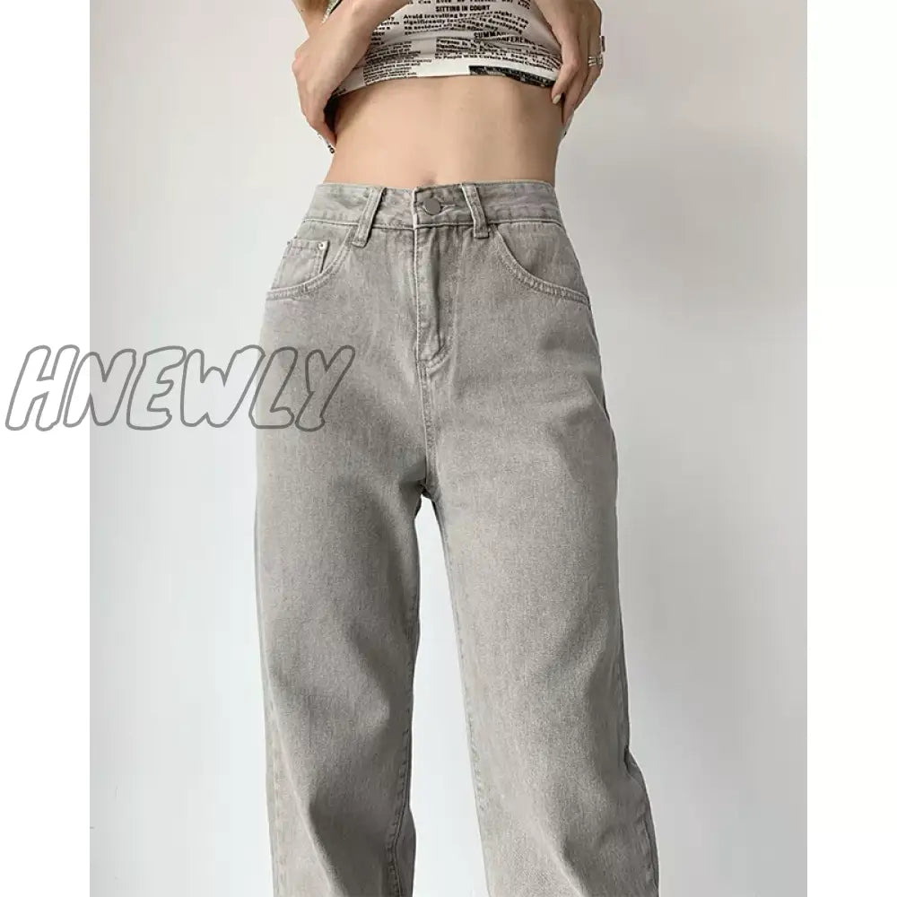 Grey Womens Jeans High Waist Vintage Straight Baggy Denim Pants Streetwear American Style Fashion Casual Wide Leg Denim Trouser