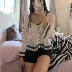 Hnewly Grunge Y2K Retro Crop Tops Lace Trim Mesh See-Through T Shirt Chic Women Button Up Low-Cut