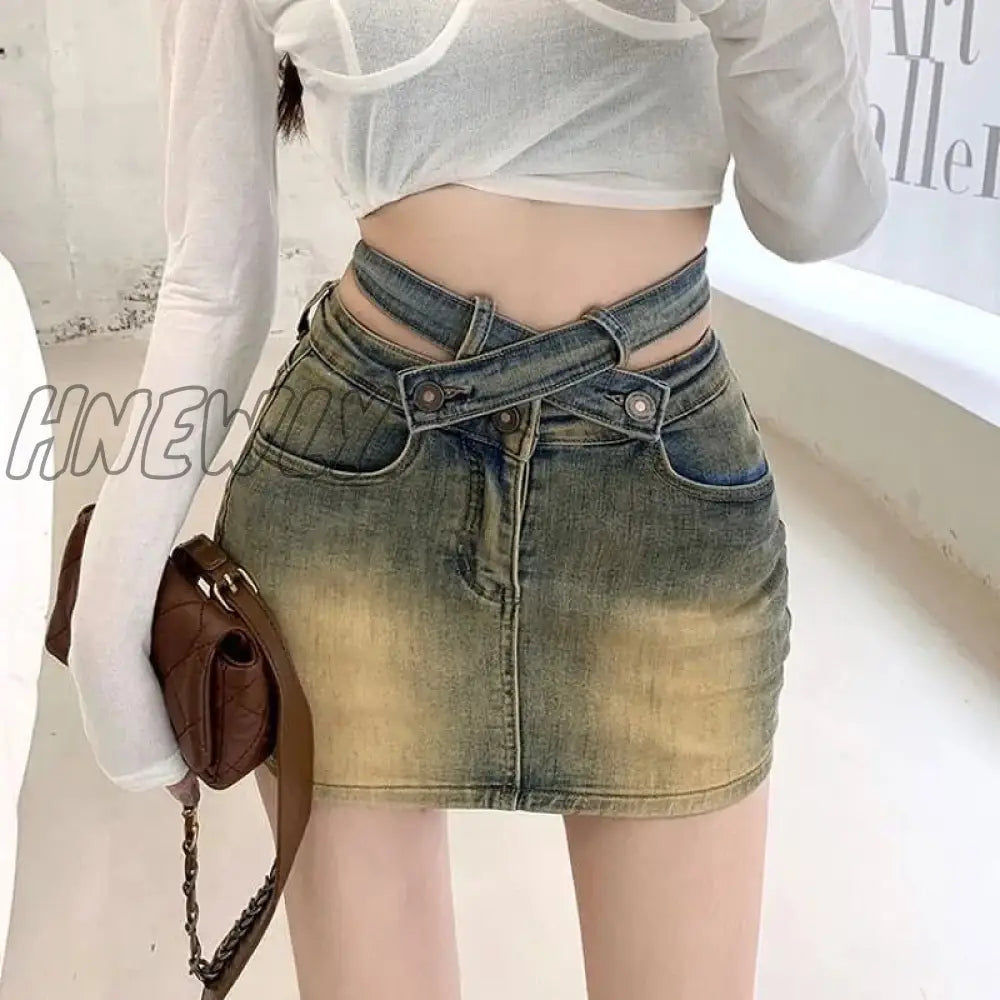 Hnewly Gyaru Denim Mini Skirt Women High Waist A-Line Belt Distressed Bodycon Kpop Summer Vintage