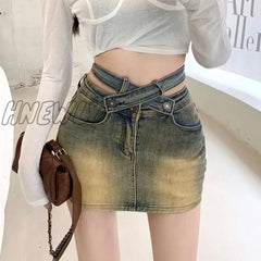 Hnewly Gyaru Denim Mini Skirt Women High Waist A-Line Belt Distressed Bodycon Kpop Summer Vintage