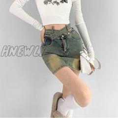 Hnewly Gyaru Denim Mini Skirt Women High Waist A-Line Belt Distressed Bodycon Kpop Summer Vintage