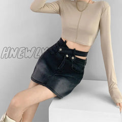 Hnewly Gyaru Denim Mini Skirt Women High Waist A-Line Belt Distressed Bodycon Kpop Summer Vintage