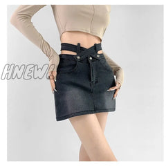 Hnewly Gyaru Denim Mini Skirt Women High Waist A-Line Belt Distressed Bodycon Kpop Summer Vintage