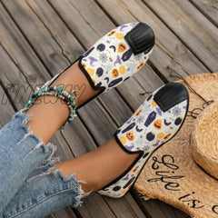Hnewly - Halloween Cream White Casual Patchwork Printing Round Comfortable Flats Shoes Shoes