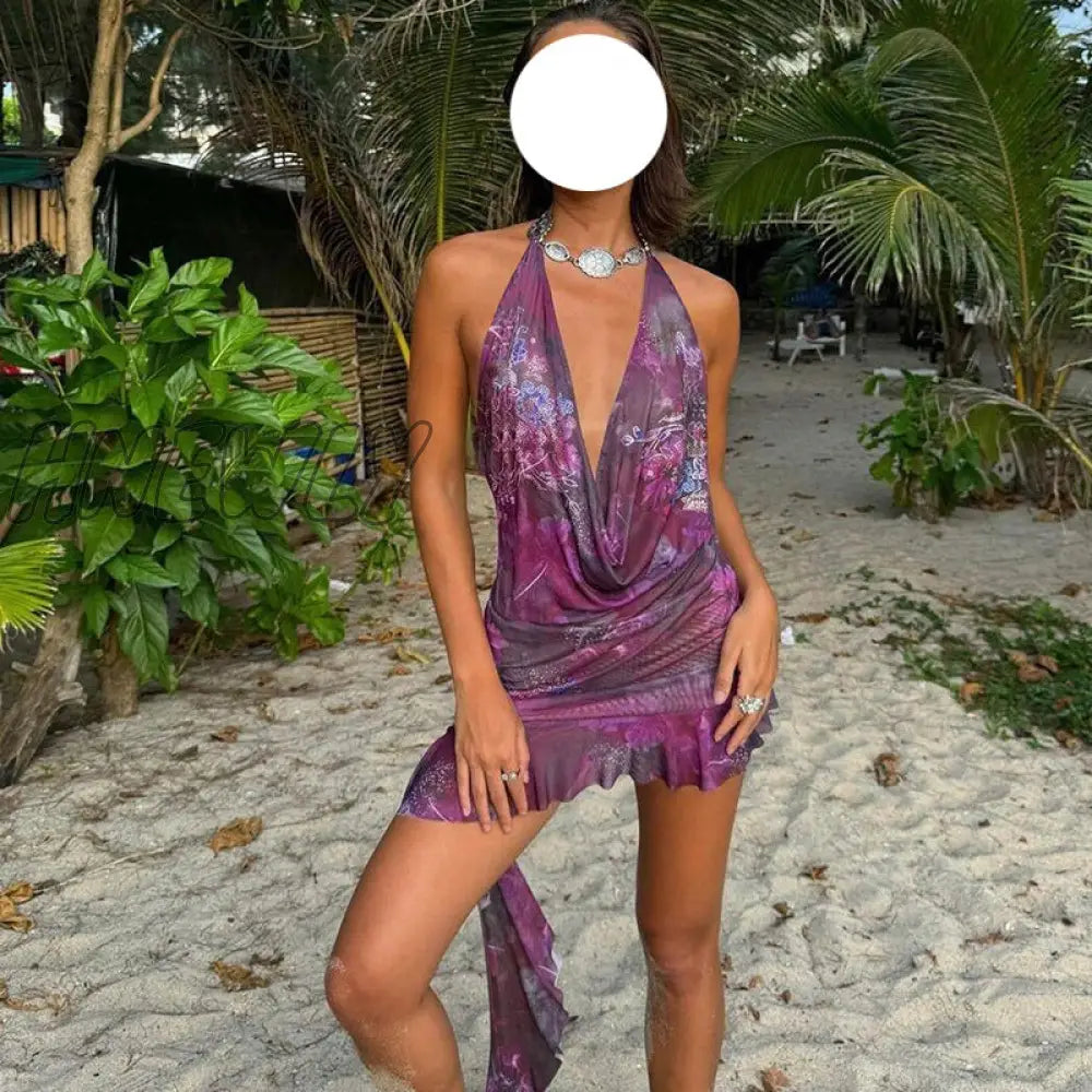 Hnewly Halter Backless Dress Party Dresses Deep V Neck Sexy Mini Retro Vintage Style Off Shoulder