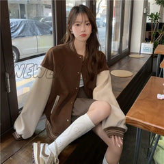 Hnewly Harajuku Baseball Jacket American Retro Jerseys Women Spring Autumn Patchwork Loose Street
