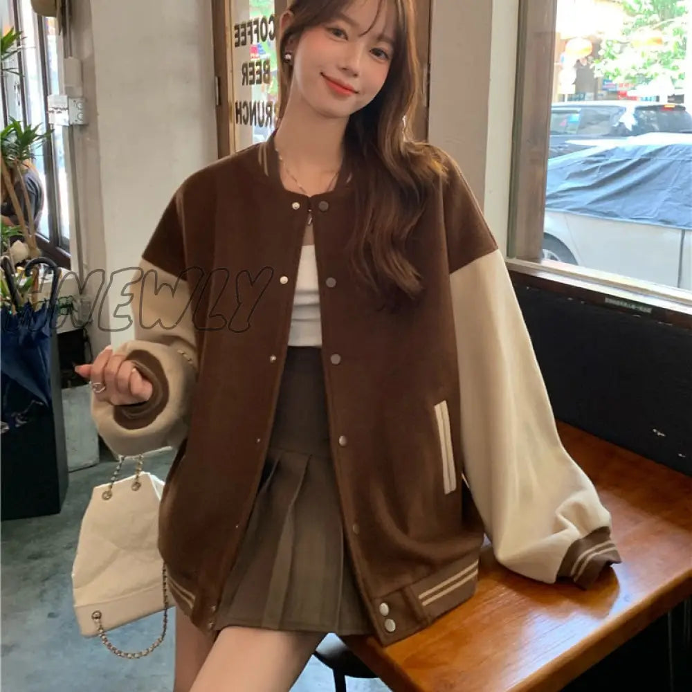 Hnewly Harajuku Baseball Jacket American Retro Jerseys Women Spring Autumn Patchwork Loose Street