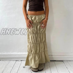 Hnewly Harajuku Khaki Long Cargo Skirt 2000S Retro Streetwear Chic Women Y2K Low Waist Pleated