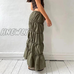 Hnewly Harajuku Khaki Long Cargo Skirt 2000S Retro Streetwear Chic Women Y2K Low Waist Pleated