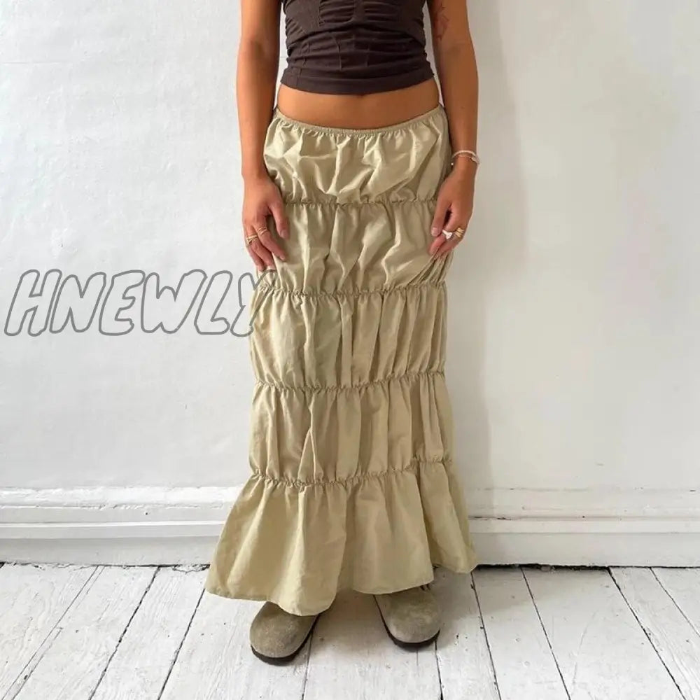 Hnewly Harajuku Khaki Long Cargo Skirt 2000S Retro Streetwear Chic Women Y2K Low Waist Pleated