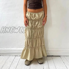 Hnewly Harajuku Khaki Long Cargo Skirt 2000S Retro Streetwear Chic Women Y2K Low Waist Pleated